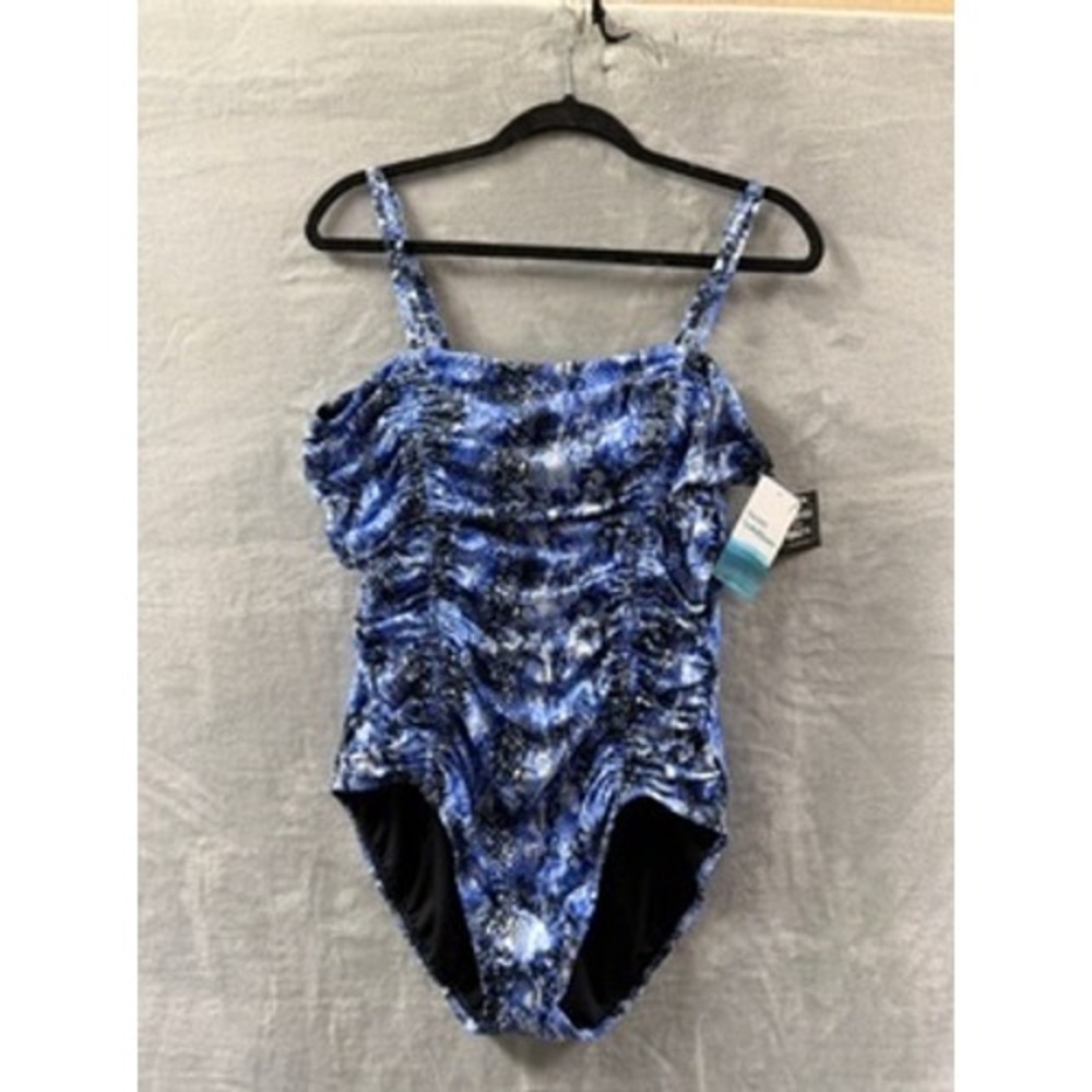 Swim Solutions Shirred One Piece Swimsuit Navy Multi Snakeskin Print Sz 8 $102 - Picture 3 of 14